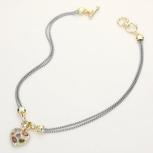 14K Gold Plated CZ Cubic Zirconia Stone Embellished Heart Pendant Double Chain Toggle Necklace