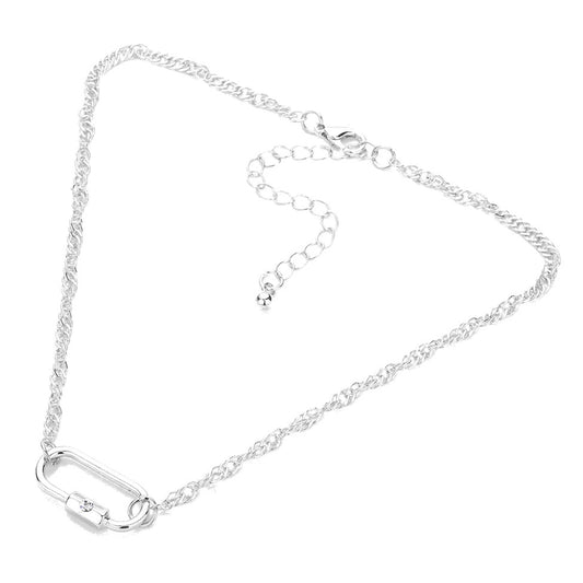 Stone Pointed Carabiner Pendant Choker Necklace (Silver)