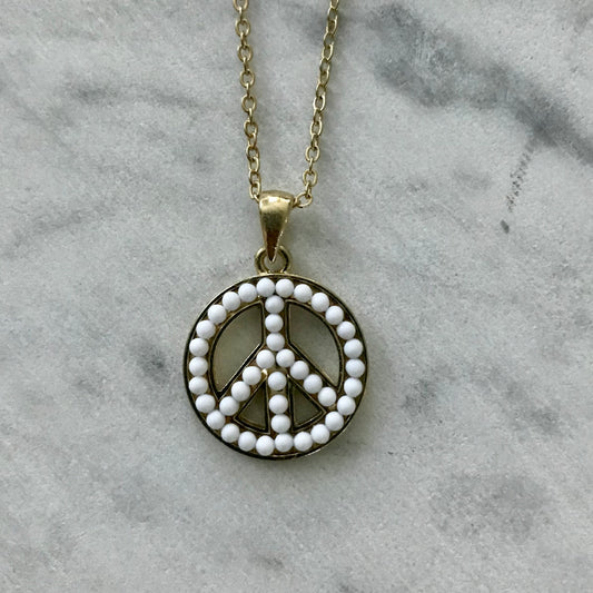 Beaded Peace Pendant Necklace - White