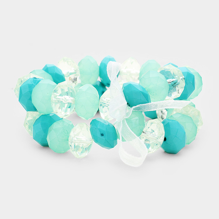 Faceted Lucite Beaded Ribbon Stretch Bracelet Set – Turquoise | Salty Home